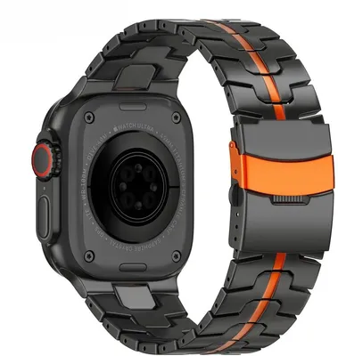Produktbild von FFO2World Premium Titanarmband „Iron“ für Apple Watch 49/46/45/44/42 mm (Ultra & Serie 1–11) – Sicherer Verschluss – Schwarz/Orange