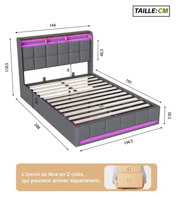 Image de Lit avec tête de lit capitonnée - Lit double 140x190 cm - Coffre de lit hydraulique avec 1 tiroir - Éclairage LED - Port de charge USB - Sans matelas - Gris