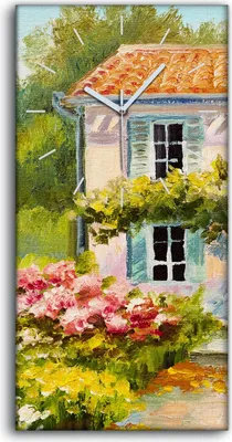 Produktbild von Küchenuhr Bürouhr Leinwand Uhr Geräuschlos 30x60 Blumen Baume Haus farbenfroh - weiße Hände