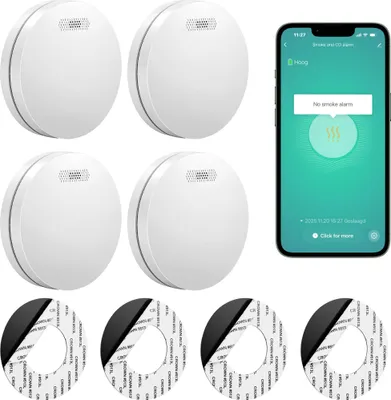 A collage of smoke and CO detectors, adhesive mounting discs, and a smartphone displaying a smoke and CO alarm app.