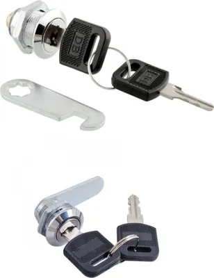 Two sets of cabinet locks with keys and a wrench are displayed against a white background.