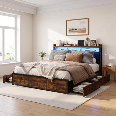Produktbild von INONEFT Stauraumbett Polsterbett 180x200cm, Jugendbett Doppelbett mit 4 Schubladen, Bett mit LED und Stauraum, Bettgestell mit Lattenrost,Schwarz, PU