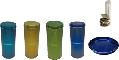 Produktbild von Kaffee Pad Behälter 4-er Set Neon Pink/Grün/Orange/Gold + 1 Tablett blau + 4 Padhalter