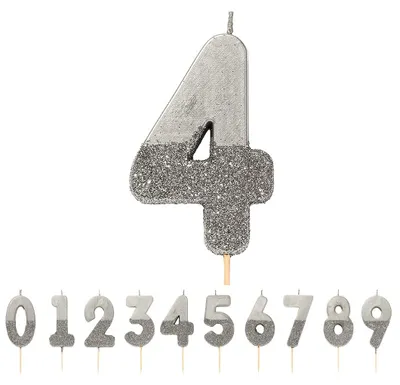 Zahlenkerze 4, silber mit Glitzer, 8 cm, für Geburtstagskuchen