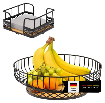 Immagine prodotto di set di 2 cestini da frutta bremermann con portatovaglioli, fruttiera/cestino da pane in bambù e metallo