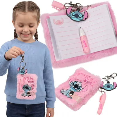 Produktbild von Disney Stitch Plüsch-Mini-Notizbuch mit Kugelschreiber, rosa Notizbuch-Schlüsselanhänger
