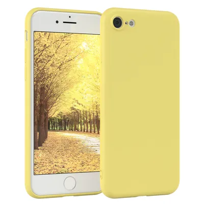 A yellow phone case is shown next to a smartphone displaying a nature scene.