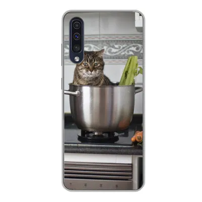 Produktbild von MuchoWow® Handyhülle Schutzhülle Hülle für Samsung Galaxy A50 Katze - Pfanne - Küche Silikon Softcase Handy Hülle - Mobiltelefonhülle