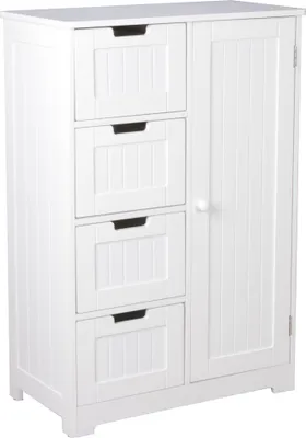 Badschrank Landhaus MDF in Weiß mit vier Schubladen auf der linken Seite und einer Tür auf der rechten Seite, Gesamtansicht.