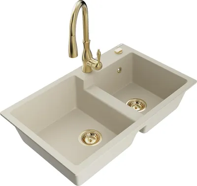 Produktbild von Mexen Tomas 2-Kammer-Granitzlewozmywak mit Küchenarmatur Savita, beige - 6516-69-672601-50