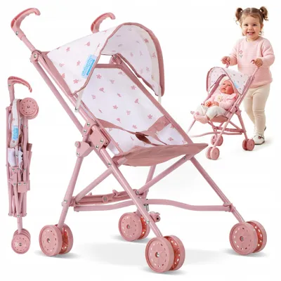 Produktbild von Puppenwagen Klappbar – Rosa Spielzeug-Buggy mit Sonnendach und Sicherheitsgurt – Leichter Kinderwagen für Puppen