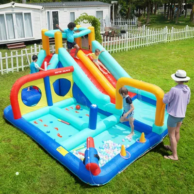 Image de OKWISH Château Gonflable - Aire de Jeux Gonflables avec Toboggan, Fontaine et Souffleur 450W, Tissu Oxford, Multicolore, 450 x 365 x 217 cm