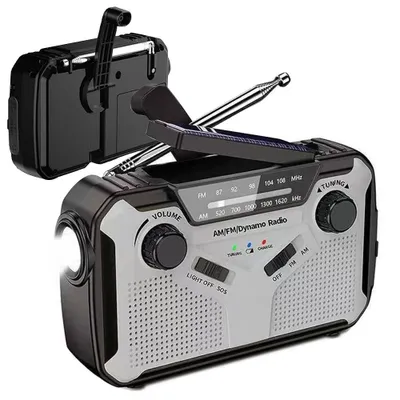 Zdjęcie produktu dla Radio słoneczne, radio na korbkę z własnym zasilaniem i latarką LED, awaryjne radio pogodowe AM/FM, dynamo na korbkę do awaryjnego ładowania smartfona