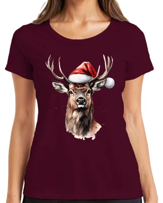Zdjęcie produktu dla Reindeer Santa Antlers Christmas Watercolour Gift Vintage Funny Ladies T-Shirt, bordowy, XL