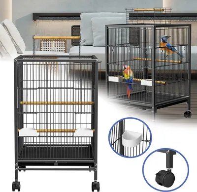 Image de UISEBRT Cage à oiseaux avec toit ouvrant et 4 roulettes - Mobile, facile d'entretien et entièrement équipée pour perruches, canaris & petits perroquets - 46x46x91 cm