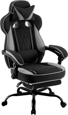 A black and gray gaming chair with a headrest and lumbar pillow, shown from the front.