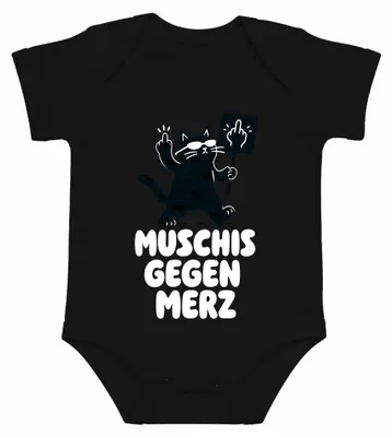 Productafbeelding van Muschis tegen Merz. Kat. Middenvinger. Protestbord. Sarkasme. Politiek. Babyrompertje, zwart, maat 6/12