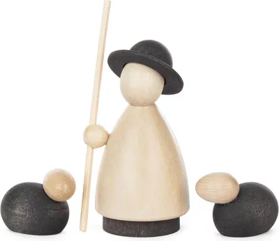 Productafbeelding van Kerstdecoratie: Miniatuur schaapherder met 2 schapen, naturel/anthraciet, hoogte 8 cm. Nieuw