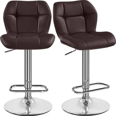 Two brown bar stools with chrome bases and legs are shown against a white background.