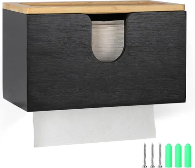 Obrázek produktu pro Zásobník na bambusové papírové utěrky, 1 kus, černý, 27,5x15x13 cm, na papírové utěrky Tork H2 a Interfold, ideální do kuchyně, koupelny, hotelu