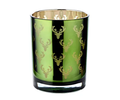 Produktbild von Windlicht Teelichtglas Dirk, außen grün / innen gold, Hirsch-Design, Höhe 13 cm