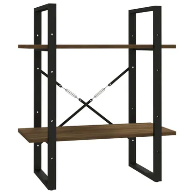 A product shot of a two-shelf bookshelf with a black metal frame and brown wood-look shelves.