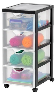 Productafbeelding van Iris Ohyama kunststof ladebox met wielen, 4 platte lades, zwart, met handgrepen, geschikt voor slaapkamer, school en kantoor, BPA-vrij, ladekast, mobiele opbergbox, A4-lade, DDDC-004