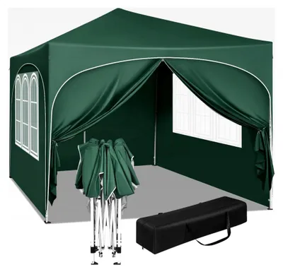 Produktbild von Faltpavillon 3x3 m mit 4 Seitenwänden, wasserabweisend und UV-Schutz 50+, höhenverstellbar, mit Tragetasche, für Garten und Camping, grün