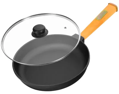 Produktbild von Ø20cm Gusseisenpfanne 39mm hoch mit Holzgriff und Glasdeckel Induktion Bratpfanne