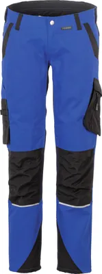 A pair of blue and black work pants.
