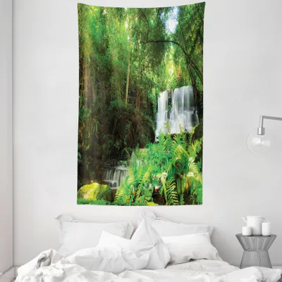 Produktbild von ABAKUHAUS Landschaft Wandteppich und Tagesdecke, Frühling Botanic Wald aus Weiches Mikrofaser Stoff Waschbar ohne Verblassen Digitaldruck, 140 x 230 cm, Grün und Weiß
