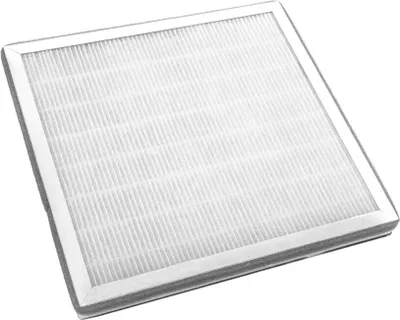 A square air filter with a white pleated filter material and a silver frame.