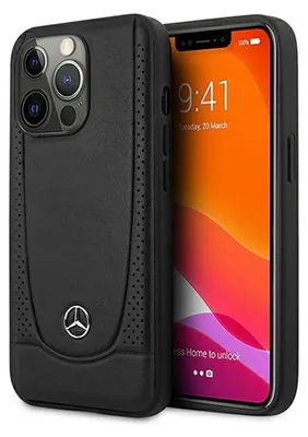 A black leather phone case with a Mercedes-Benz logo is shown next to a smartphone displaying the time and date.