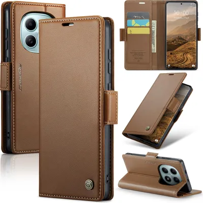Image de Étui en cuir pour Xiaomi Redmi Note 15 5G/4G Portefeuille Compartiment pour cartes Étui de protection avec fonction support Marron