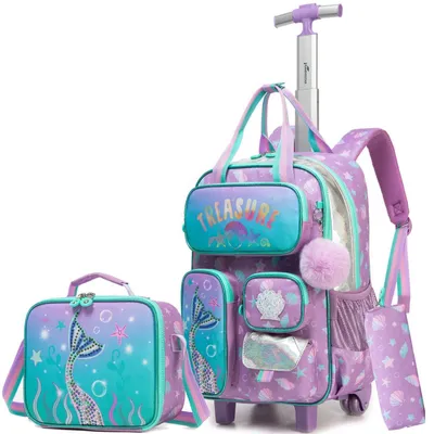 Produktbild von Schulranzen mit Rollen für Kinder, Meerjungfrau Design, 45x30x20cm, Set mit Lunchpaket & Federmäppchen