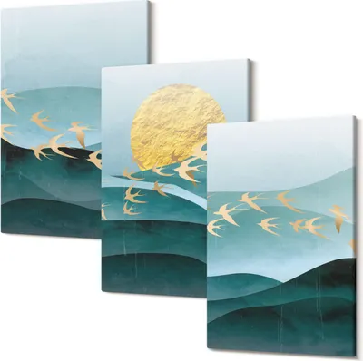 Produktbild von Leinwandbilder – Wandbilder – Leinwandbild – Canvas Bild – Polycanvas – Kunstdruck –  – Modern – Aufhängefertig – Mehrteilig – 3-Teilig – 20x30 Cm Pro Bild - Abstrakte Landschaften mit Sonnenwellen und fliegenden Vögeln