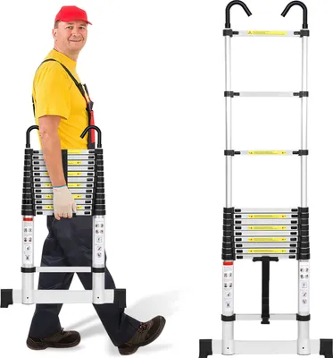 Image de Jayseuw Aluminium Echelle télescopique 3,8M Argent, Echelle extensible avec stabilisateur et crochets amovibles, Echelle pliante, Echelle multi-usage, Echelle double, Echelle de ménage, Echelle extérieure, Capacité de charge 150 kg