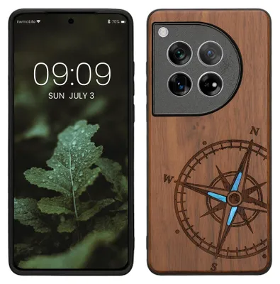Produktbild von kwmobile Handyhülle für OnePlus 12 Hülle Holz - Case mit TPU Bumper - Stoßfestes Hardcase - Schutzhülle Cover in Dunkelbraun