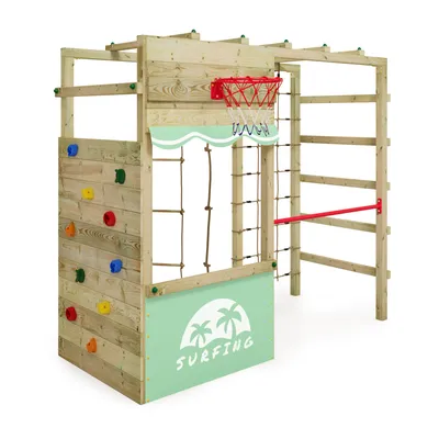 A wooden playground structure with a climbing wall, ropes, and a basketball hoop, set against a white background.