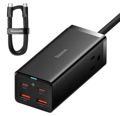 Produktbild von Baseus Netzladegerät/Verlängerungskabel (PSZM000201) – 2× AC, 2× USB, 2× USB-C, 100 W, USB-C-Kabel, schwarz