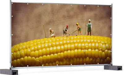 Produktbild von Wallario XXL Outdoor-Poster für Garten oder Balkon, Motiv Lustige Bauernfiguren auf einem Maiskolben beim Arbeiten, in ca. 340 x 173 cm