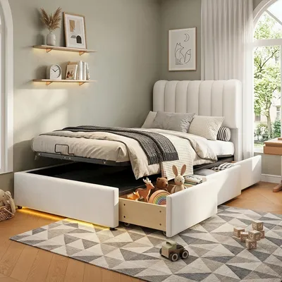 Image de Lit hydraulique rembourré 90x200 cm avec espace de rangement, lit pour enfant/adolescent avec revêtement en similicuir et 3 tiroirs, lit simple en bois avec sommier à lattes, en velours, couleur beige