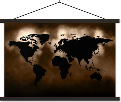 Produktbild von MuchoWow® Textilposter Weltkarte - Schwarz - Braun 150x100 cm mit schwarzem Rahmen - Schlafzimmer