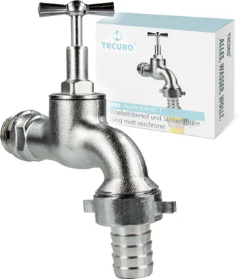 A close-up studio shot of a silver faucet with a box of the product in the background.
