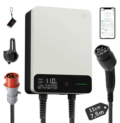 Produktbild von Wallbox - Typ-2-Ladestation für Elektrofahrzeuge - 11 kW - 16 A dreiphasig 400 V - 7,5 m Kabel - WLAN-App-Steuerung - Weiß
