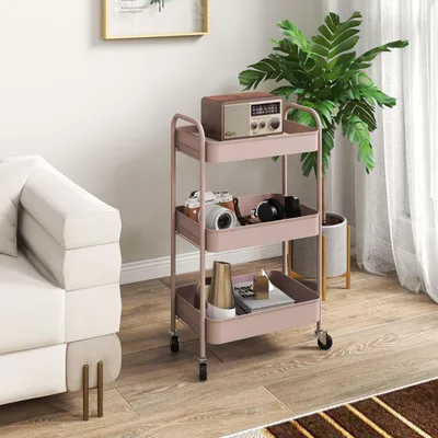 Produktbild von Sweiko Mehrzweckwagen Rollwagen Küchenwagen, 3 Regale, 4 Rollen, 45 cm x 30,6 cm x 79 cm, Rosa