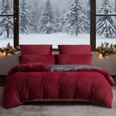 Immagine prodotto di Biancheria da letto invernale, 135x200 cm, bordeaux e grigio, in flanella, set da 2 pezzi con cerniera
