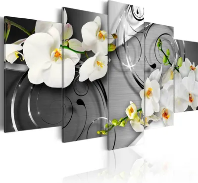 Produktbild von Modernes Wandbild b-A-0069-b-o (150x75) - 5 Teilig Bilder Fotografie auf Vlies Leinwand Foto Bild Dekoration Wand Bilder Kunstdruck Abstrakt Blumen Ornament Orchidee