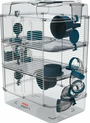 A clear, studio shot of a multi-level hamster cage with accessories.