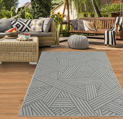 Produktbild von In- & Outdoor Teppich Sisal Optik Terrasse Küche Wohnzimmer Balkon abstrakt gestreiftes Muster anthrazit Größe - 80 x 150 cm